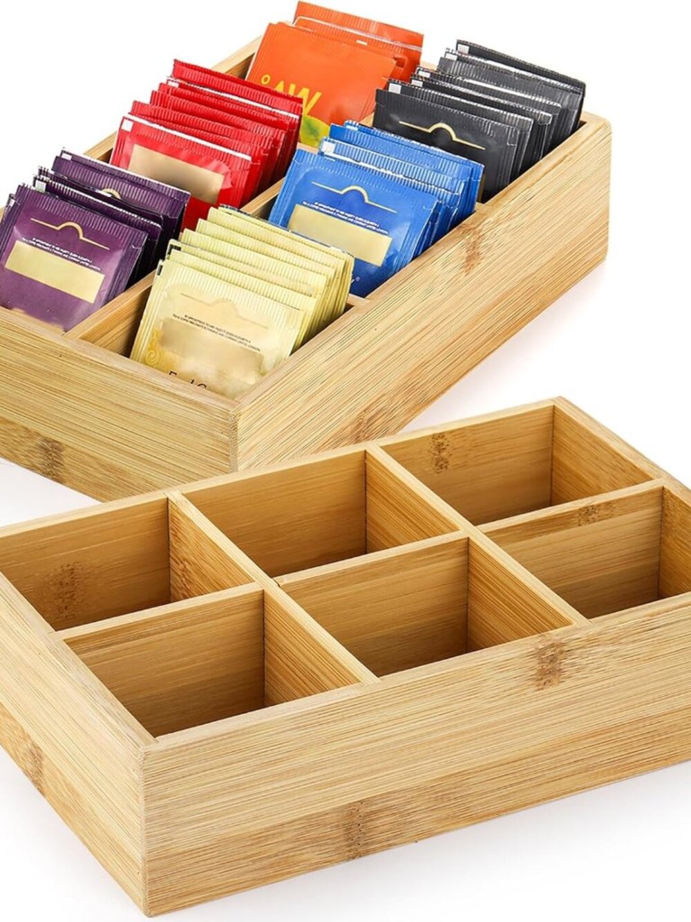 2 Pack Bamboo Tea Bag Organizers, Wood Tea Bag Storage for Drawers with 6 Roomy